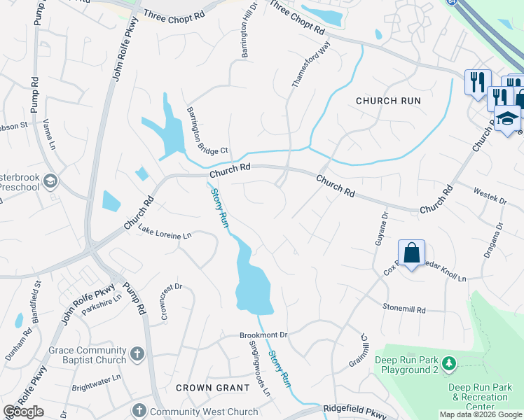 map of restaurants, bars, coffee shops, grocery stores, and more near 2404 Bell Tower Place in Richmond