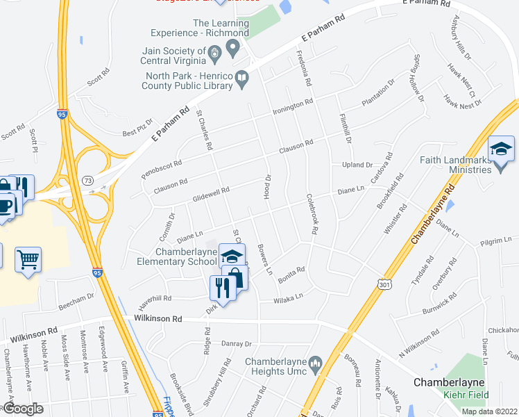 map of restaurants, bars, coffee shops, grocery stores, and more near 902 Diane Lane in Richmond