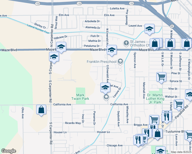 map of restaurants, bars, coffee shops, grocery stores, and more near 415 Tennyson Drive in Modesto