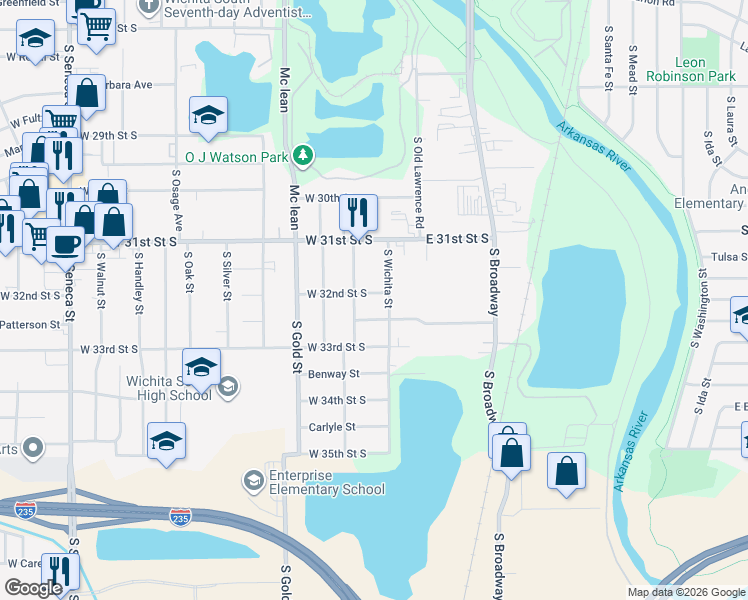 map of restaurants, bars, coffee shops, grocery stores, and more near 313 W 32nd St S in Wichita