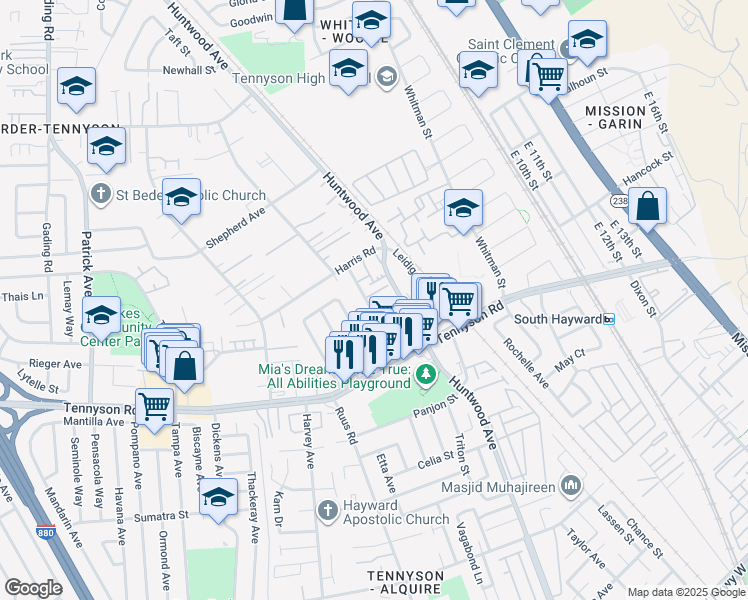 map of restaurants, bars, coffee shops, grocery stores, and more near 27808 Manon Avenue in Hayward