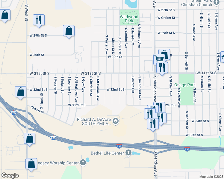 map of restaurants, bars, coffee shops, grocery stores, and more near 3001 West 32nd Street South in Wichita