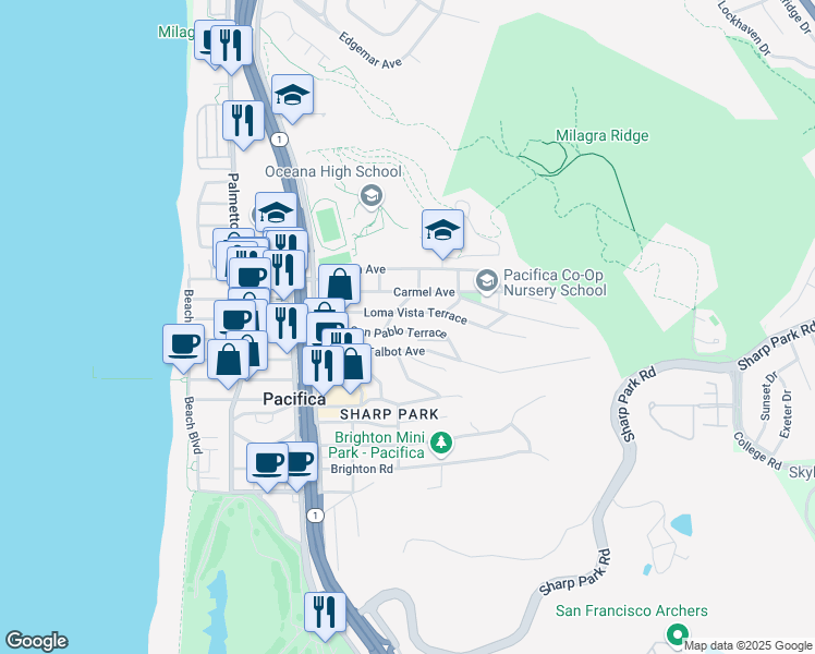 map of restaurants, bars, coffee shops, grocery stores, and more near 457 San Pablo Terrace in Pacifica