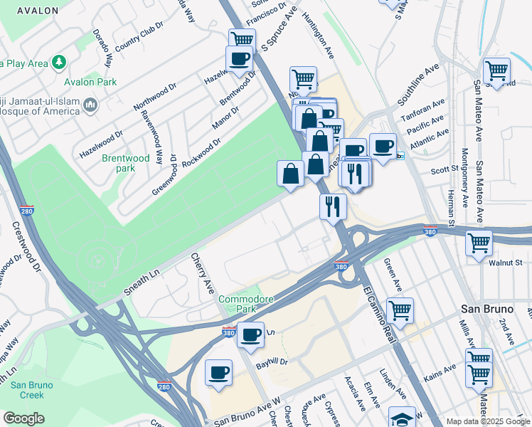 map of restaurants, bars, coffee shops, grocery stores, and more near 903 Sneath Lane in San Bruno