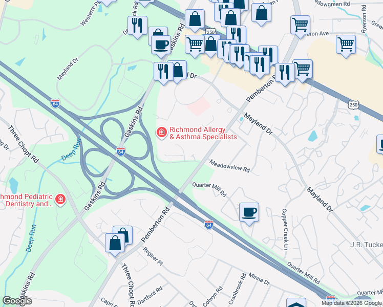 map of restaurants, bars, coffee shops, grocery stores, and more near 9810 Camberwell Court in Richmond