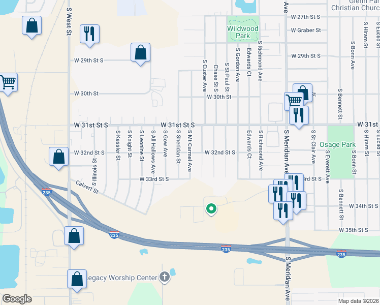 map of restaurants, bars, coffee shops, grocery stores, and more near 3117 W 32nd St S in Wichita