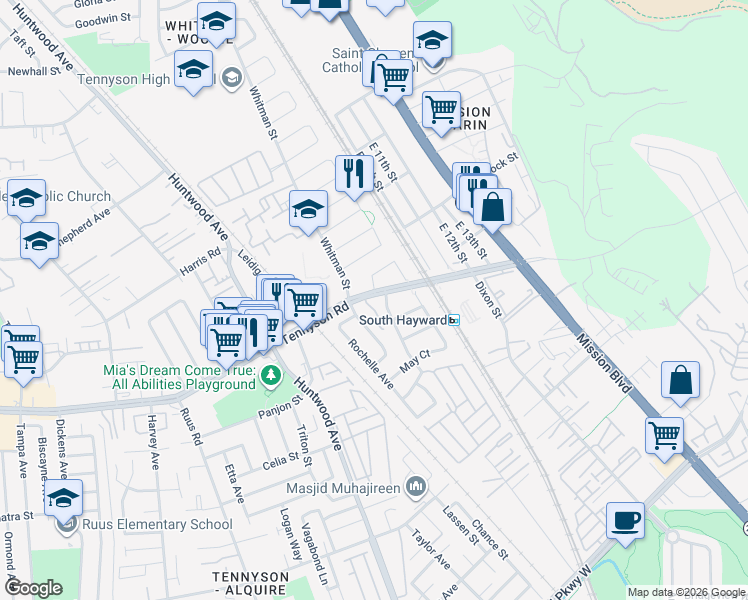 map of restaurants, bars, coffee shops, grocery stores, and more near 317 Tennyson Road in Hayward