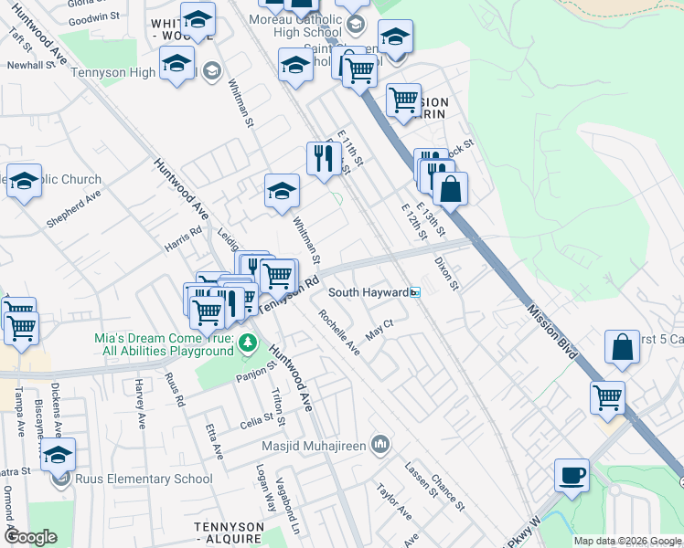 map of restaurants, bars, coffee shops, grocery stores, and more near 28133 Saint Tropez Place in Hayward