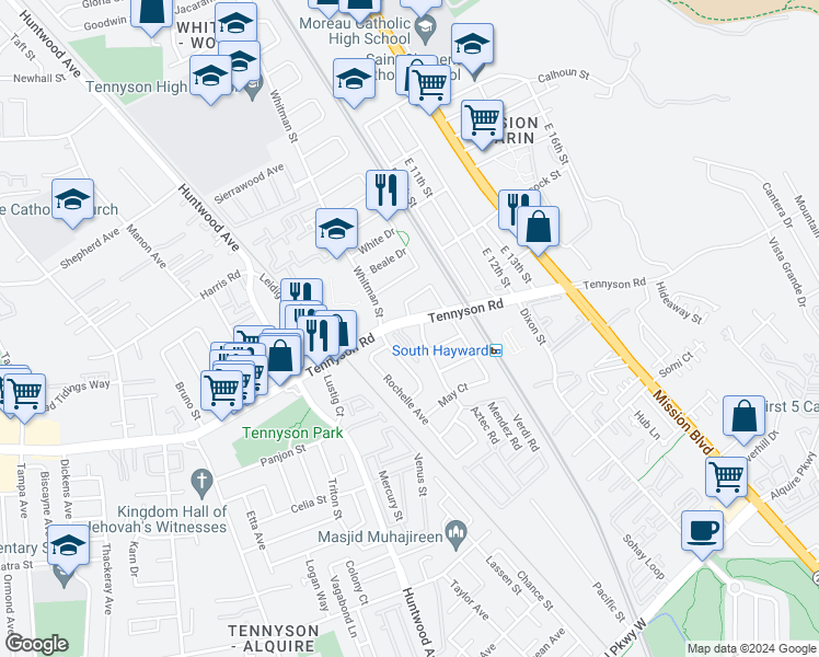 map of restaurants, bars, coffee shops, grocery stores, and more near 317 Tennyson Road in Hayward