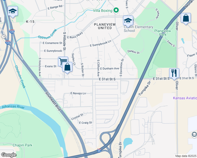 map of restaurants, bars, coffee shops, grocery stores, and more near 3689 East 31st Street South in Wichita