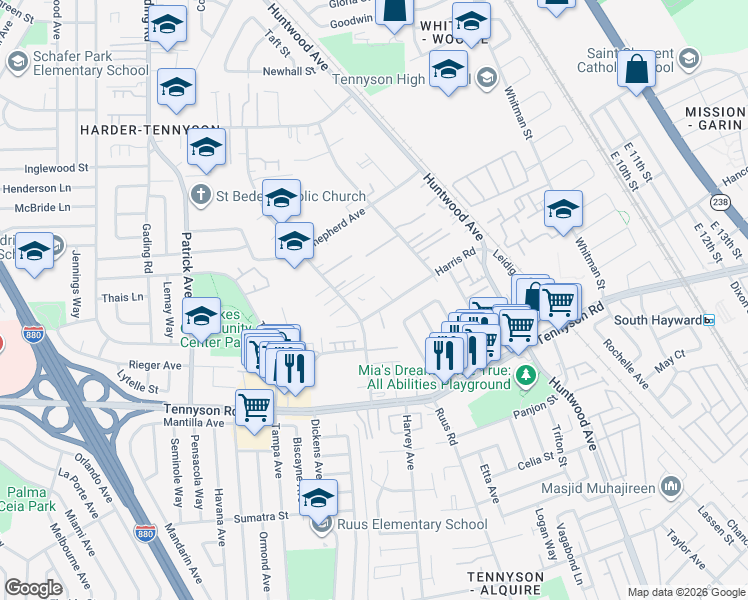 map of restaurants, bars, coffee shops, grocery stores, and more near 611 Harris Road in Hayward