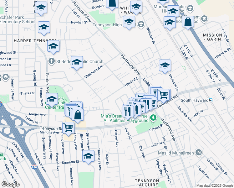 map of restaurants, bars, coffee shops, grocery stores, and more near 504 Harris Road in Hayward