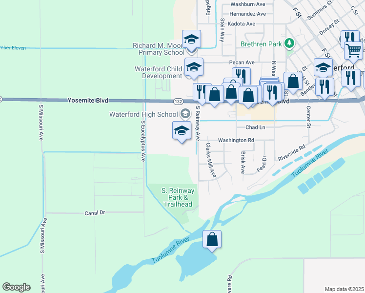 map of restaurants, bars, coffee shops, grocery stores, and more near 121 South Reinway Avenue in Waterford