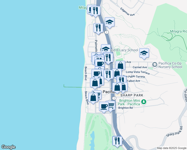 map of restaurants, bars, coffee shops, grocery stores, and more near 36 Santa Maria Avenue in Pacifica