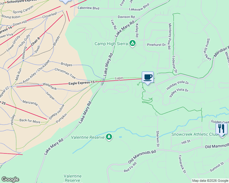 map of restaurants, bars, coffee shops, grocery stores, and more near 64 Juniper Road in Mammoth Lakes