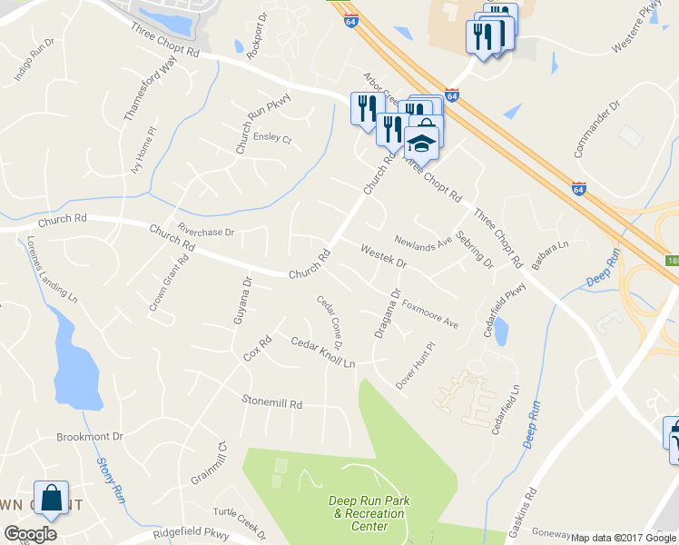 map of restaurants, bars, coffee shops, grocery stores, and more near 10919 Foxmoore Avenue in Richmond