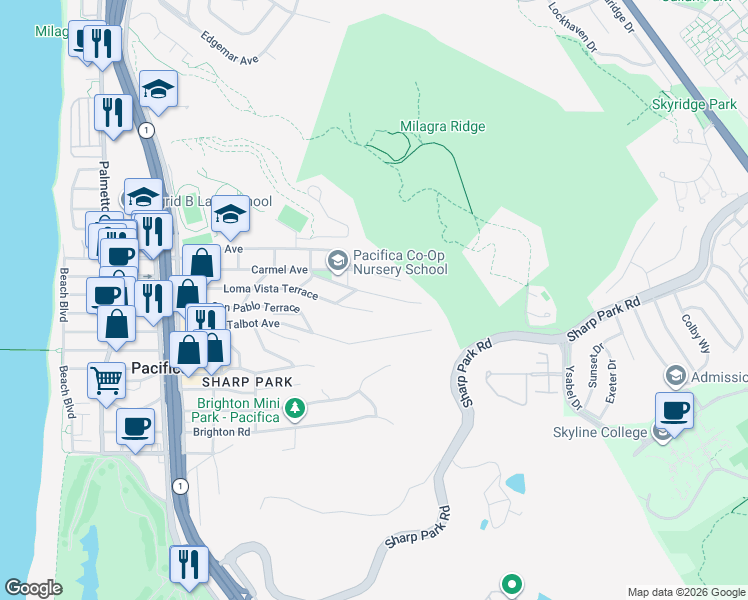 map of restaurants, bars, coffee shops, grocery stores, and more near 640 Canyon Drive in Pacifica