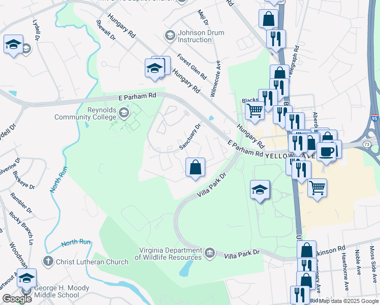 map of restaurants, bars, coffee shops, grocery stores, and more near 1511 Honor Drive in Richmond