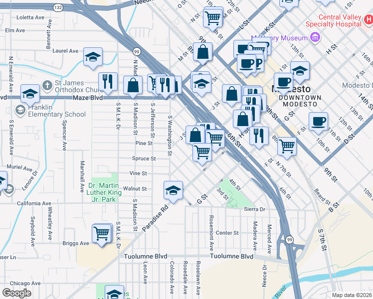 map of restaurants, bars, coffee shops, grocery stores, and more near 919 3rd Street in Modesto