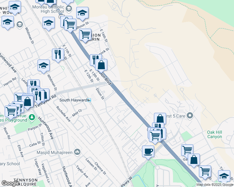 map of restaurants, bars, coffee shops, grocery stores, and more near 28901 Mission Boulevard in Hayward