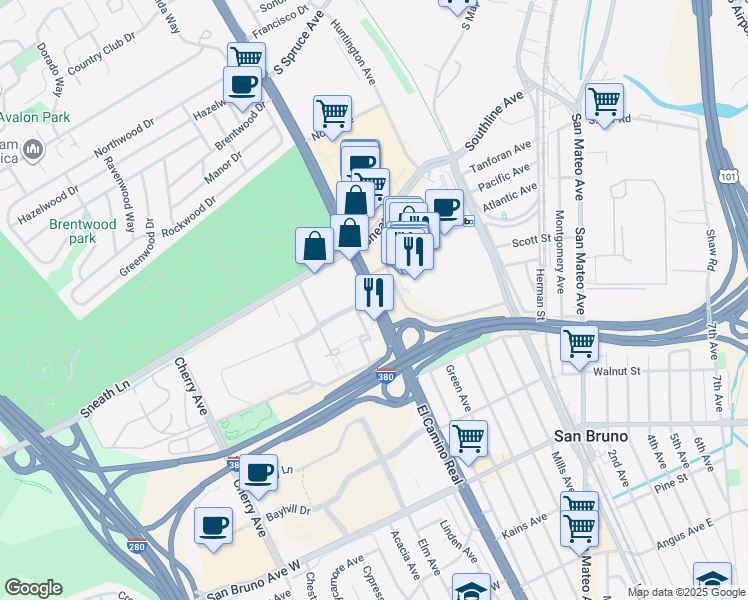 map of restaurants, bars, coffee shops, grocery stores, and more near 1101 Commodore Drive in San Bruno