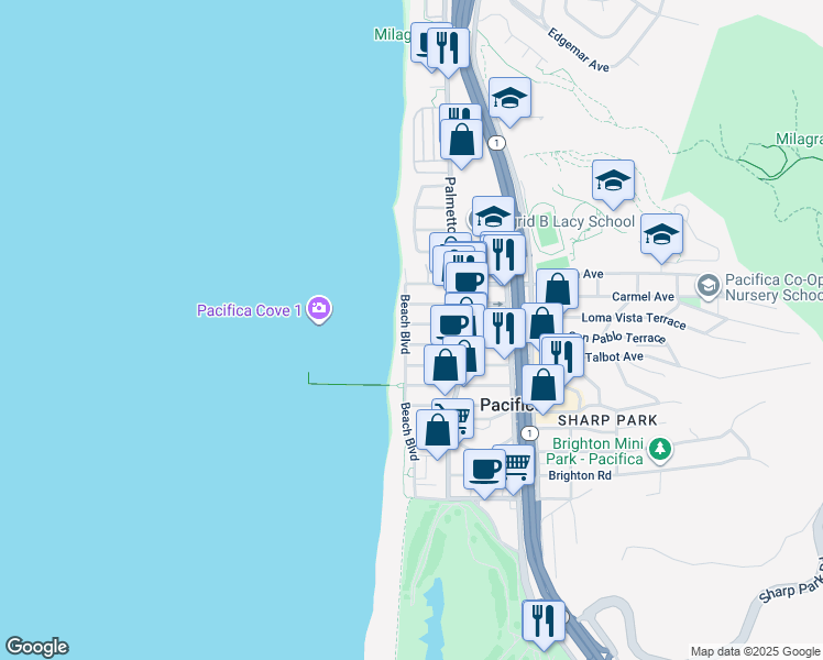 map of restaurants, bars, coffee shops, grocery stores, and more near 1815 Beach Road in Pacifica