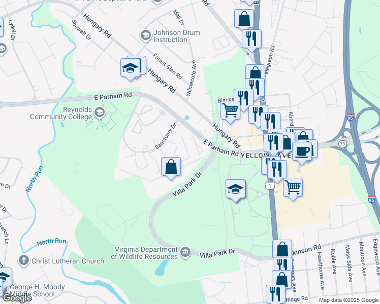 map of restaurants, bars, coffee shops, grocery stores, and more near 1527 Presidential Drive in Richmond