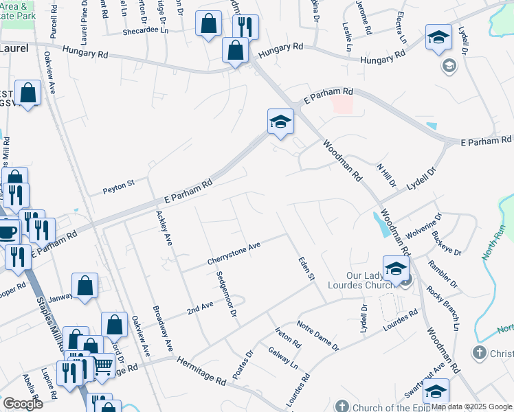 map of restaurants, bars, coffee shops, grocery stores, and more near 2613 Trickling Brook Court in Richmond