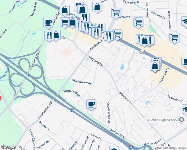 map of restaurants, bars, coffee shops, grocery stores, and more near 3400 Andover Hills Place in Richmond