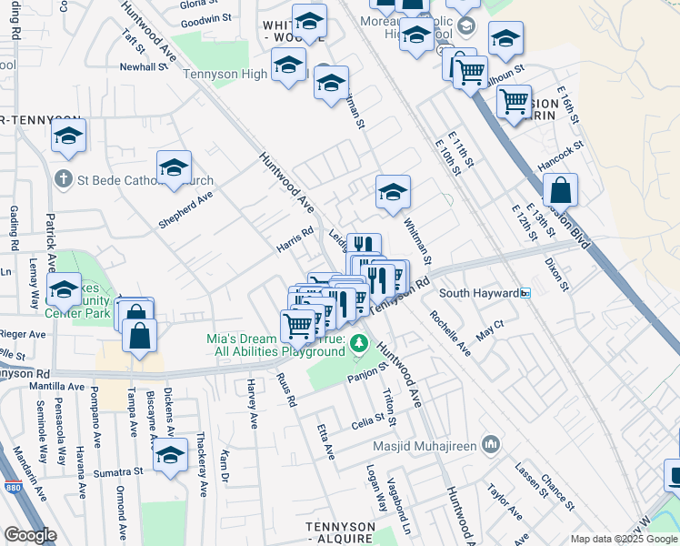 map of restaurants, bars, coffee shops, grocery stores, and more near 27827 Leidig Court in Hayward