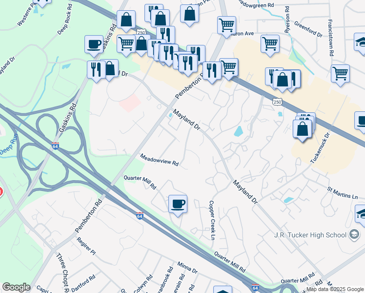 map of restaurants, bars, coffee shops, grocery stores, and more near 3400 Andover Hills Place in Richmond