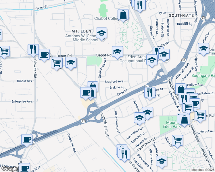 map of restaurants, bars, coffee shops, grocery stores, and more near 2601 Erskine Lane in Hayward
