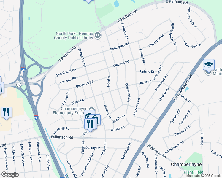 map of restaurants, bars, coffee shops, grocery stores, and more near 8301 Hood Drive in Richmond