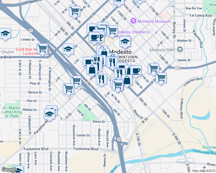 map of restaurants, bars, coffee shops, grocery stores, and more near 616 7th St in Modesto