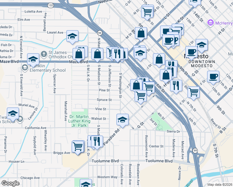 map of restaurants, bars, coffee shops, grocery stores, and more near 105 Pine Street in Modesto
