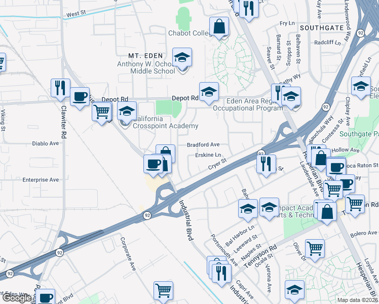 map of restaurants, bars, coffee shops, grocery stores, and more near 2601 Erskine Lane in Hayward