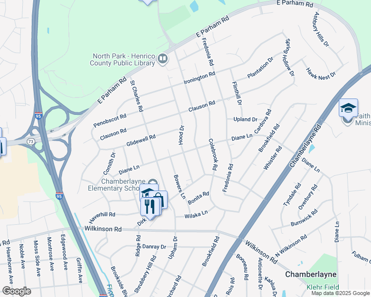 map of restaurants, bars, coffee shops, grocery stores, and more near 8301 Hood Drive in Richmond