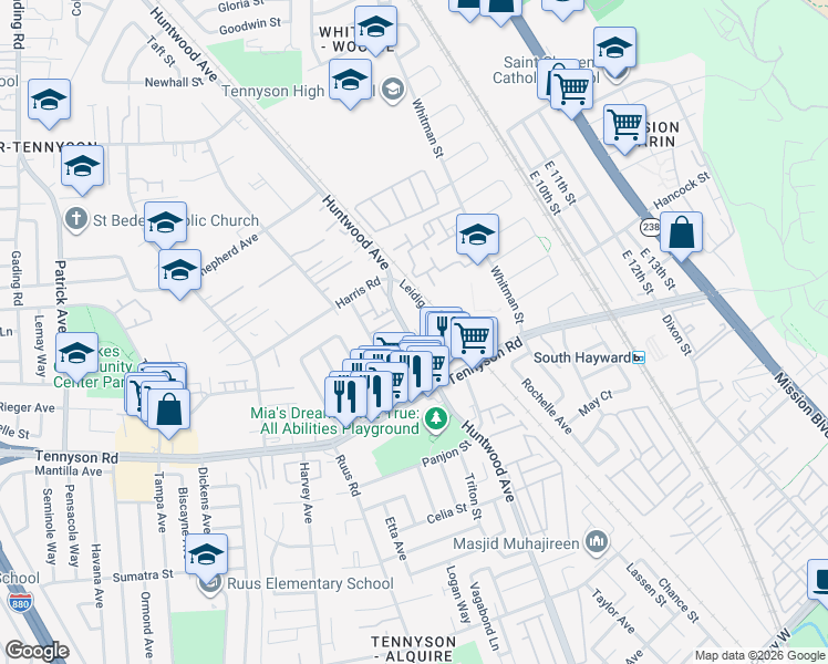map of restaurants, bars, coffee shops, grocery stores, and more near 27827 Leidig Court in Hayward