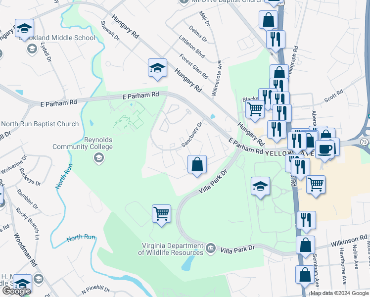 map of restaurants, bars, coffee shops, grocery stores, and more near 1539 Skirmish Run Drive in Richmond