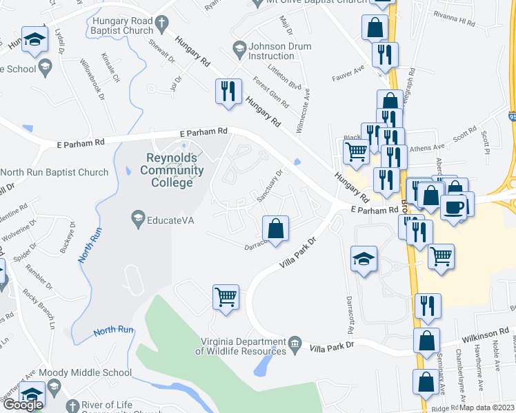 map of restaurants, bars, coffee shops, grocery stores, and more near 1511 Harpers Ferry Court in Richmond