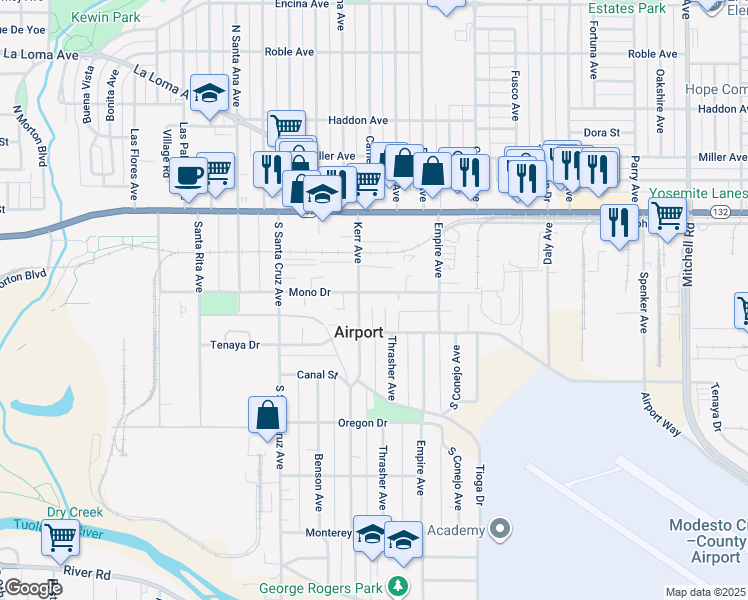 map of restaurants, bars, coffee shops, grocery stores, and more near in Modesto