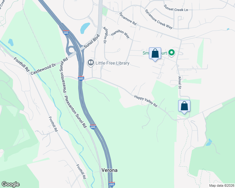 map of restaurants, bars, coffee shops, grocery stores, and more near 581 Happy Valley Road in Pleasanton