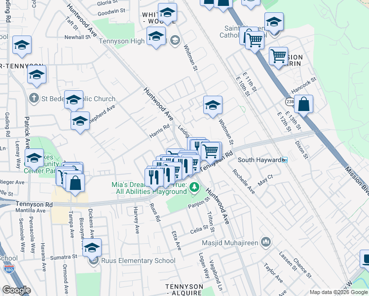 map of restaurants, bars, coffee shops, grocery stores, and more near 27827 Leidig Court in Hayward