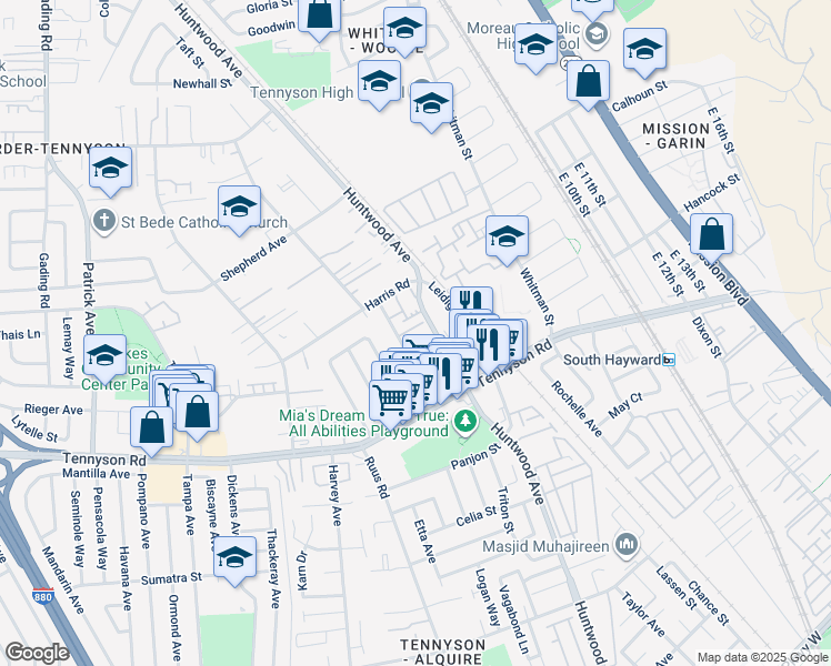 map of restaurants, bars, coffee shops, grocery stores, and more near 27808 Manon Avenue in Hayward