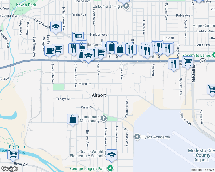 map of restaurants, bars, coffee shops, grocery stores, and more near in Modesto