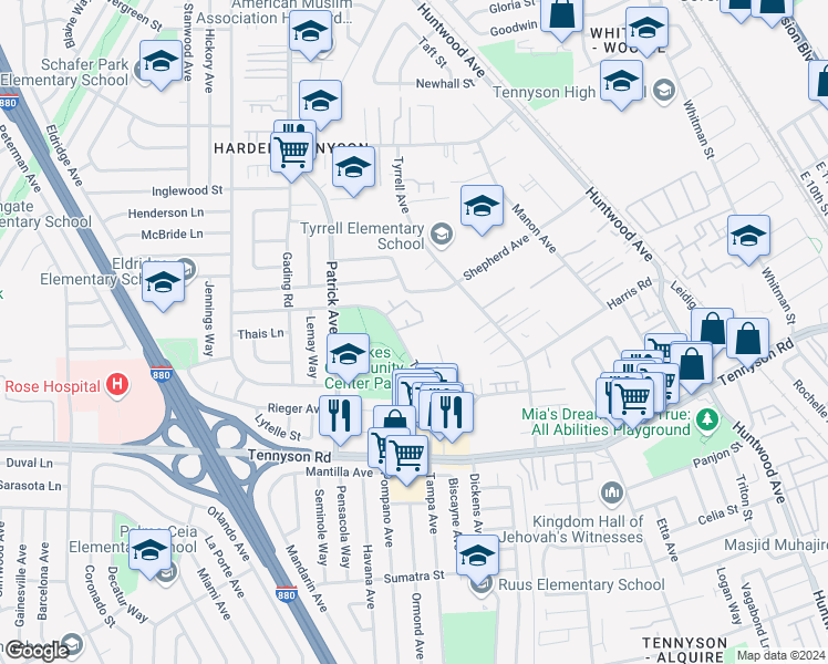 map of restaurants, bars, coffee shops, grocery stores, and more near 27162 Tampa Avenue in Hayward