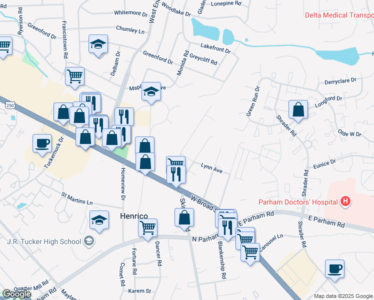 map of restaurants, bars, coffee shops, grocery stores, and more near 2603 Darnell Road in Richmond