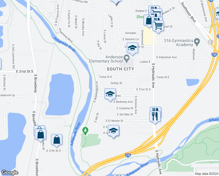 map of restaurants, bars, coffee shops, grocery stores, and more near 1208 East 31st Street South in Wichita