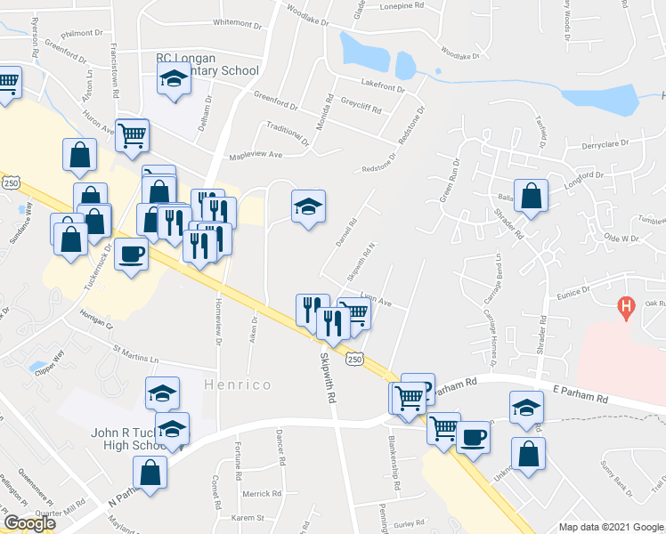 map of restaurants, bars, coffee shops, grocery stores, and more near 2603 Darnell Road in Richmond