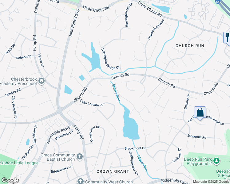 map of restaurants, bars, coffee shops, grocery stores, and more near 2402 Loreines Landing Lane in Henrico